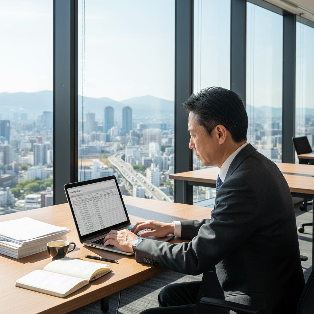 A professional business scene in a modern Japanese office, showing an adult accountant or business professional reviewing financial records on a computer, with subtle Japanese elements like a city skyline view, symbolizing the purpose of invoices in business transactions. No children or legal documents visible.
