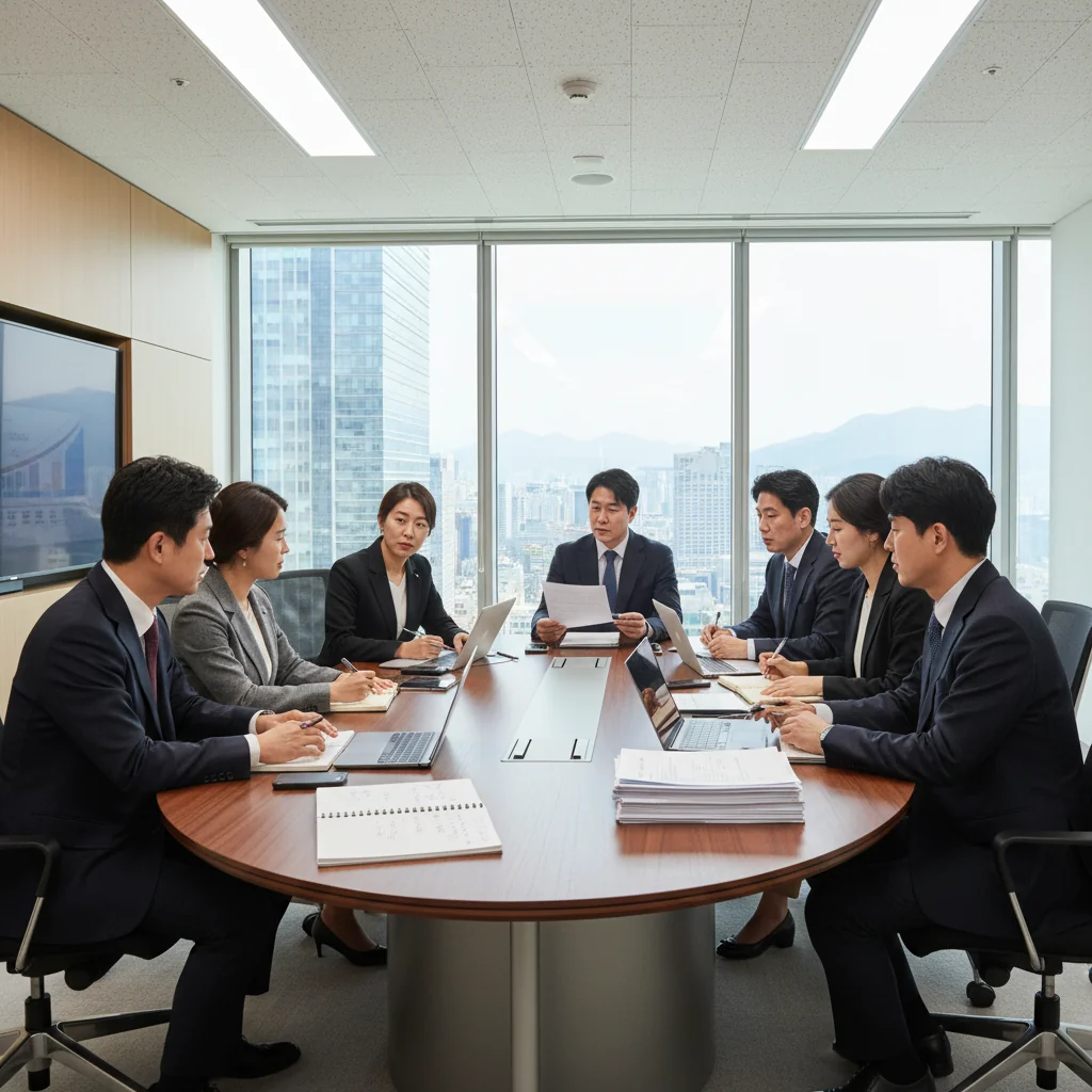 A photorealistic image of a professional business meeting in a modern South Korean corporate office, featuring diverse adult professionals discussing official documents at a conference table, symbolizing the importance of formal corporate paperwork in business operations, with no children present.