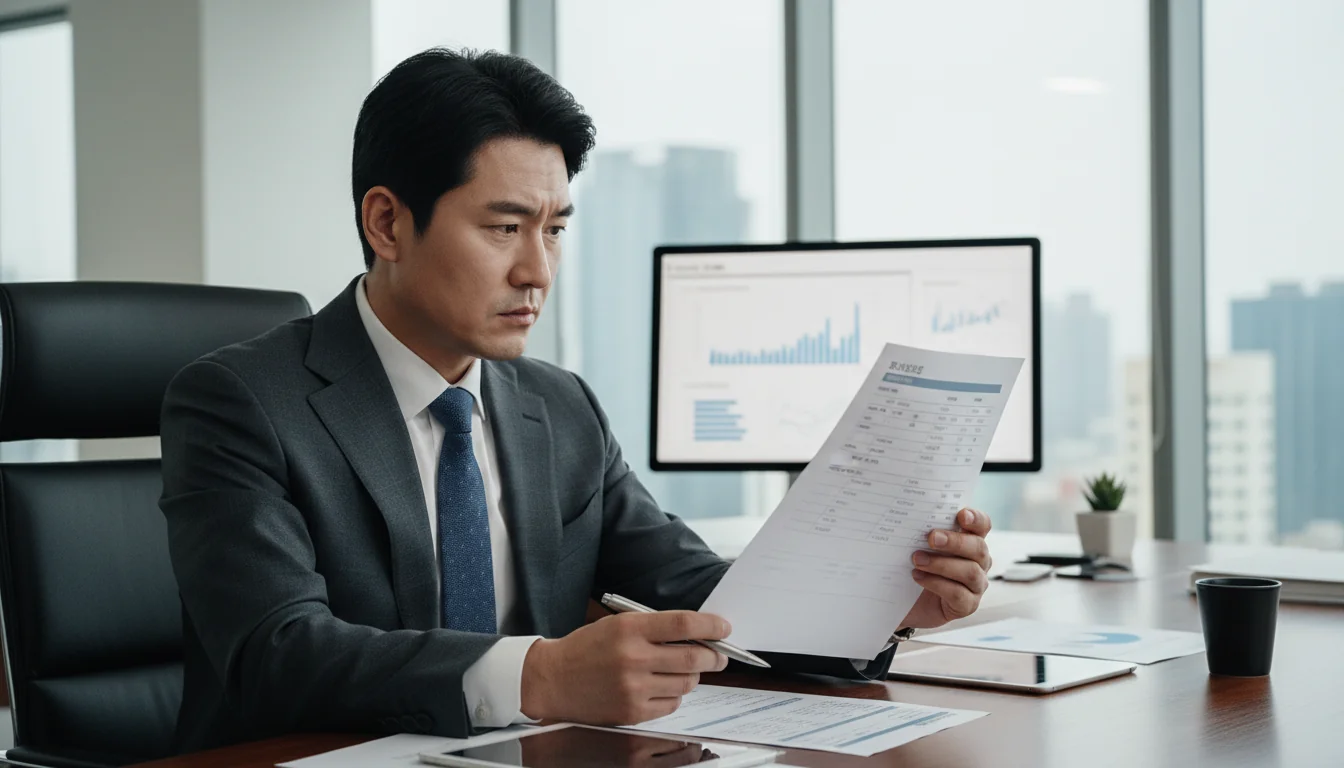 Korean office worker reviewing invoice