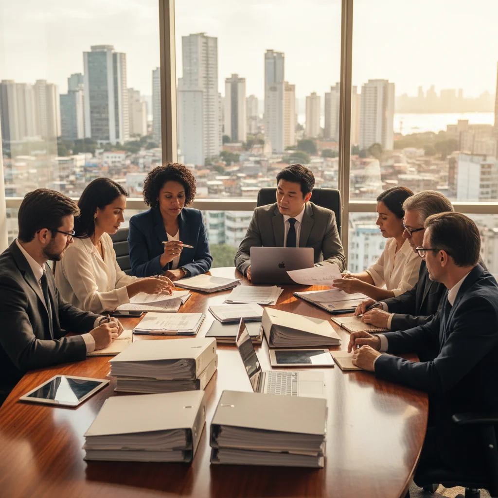 A photorealistic image of a professional business meeting in a modern Brazilian office, with adults discussing financial documents and corporate paperwork on a table, overlooking a cityscape of São Paulo, symbolizing compliance and business operations in Brazil.