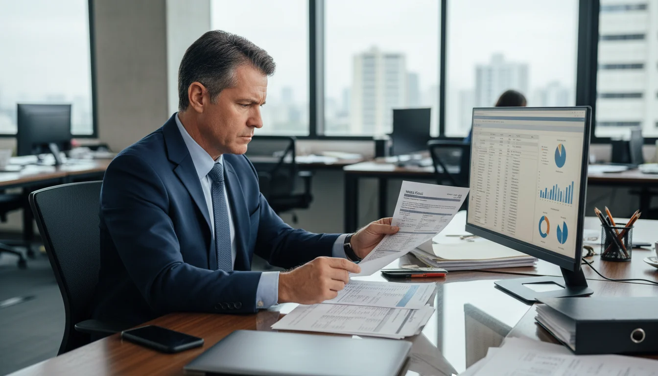 Brazilian business professional reviewing Nota Fiscal