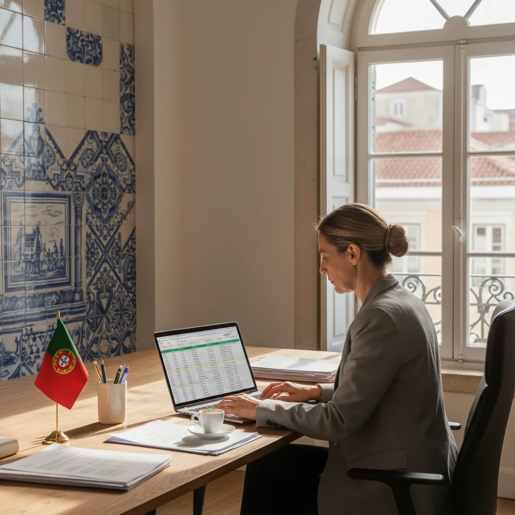 A photorealistic image of a professional adult in a modern Portuguese office setting, reviewing financial invoices on a computer, symbolizing the management of legal billing documents in Portugal, with subtle Portuguese elements like a flag or Azulejo tiles in the background. No children are present. The image is entirely photorealistic, not a graphic, drawing, or illustration.