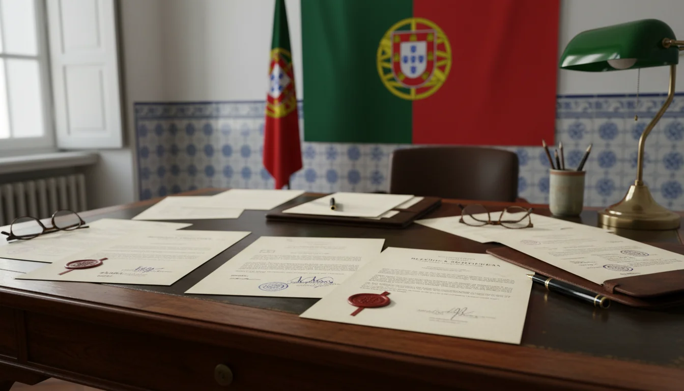 Portuguese flag with legal documents.