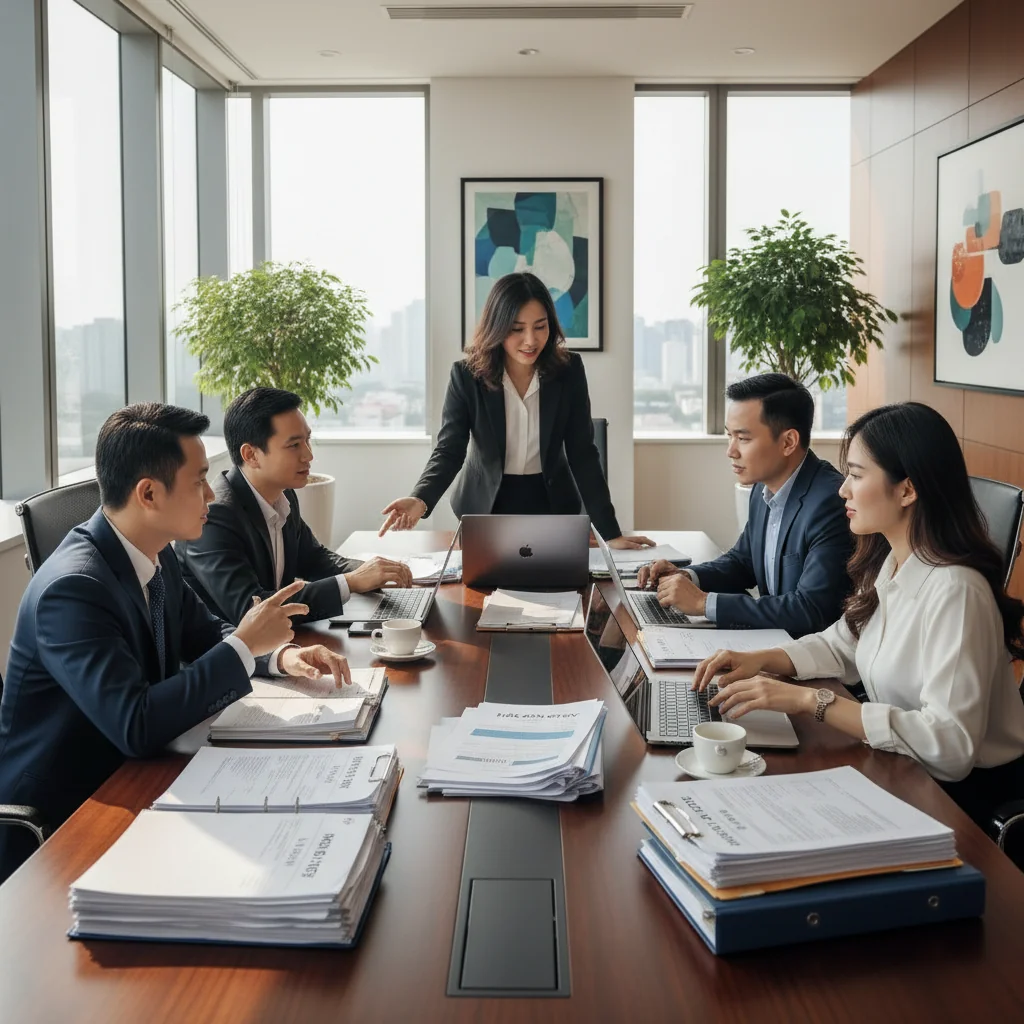 A photorealistic image of a professional Vietnamese business meeting in a modern office, where adults are discussing financial documents and invoices at a conference table, symbolizing corporate taxation and value-added invoicing processes in Vietnam, with elements like laptops, coffee cups, and city skyline view from window, no children present.