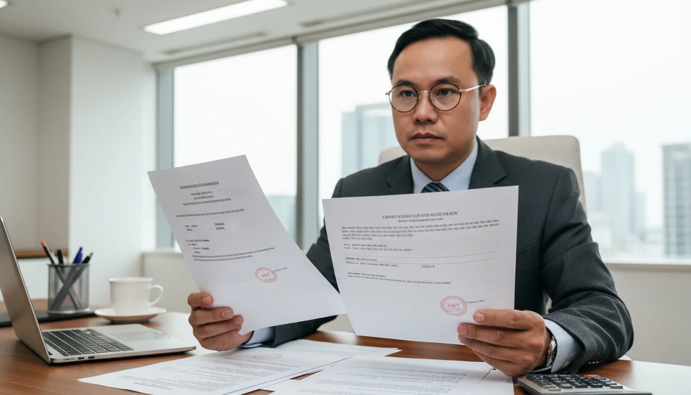 Business professional reviewing corporate papers.