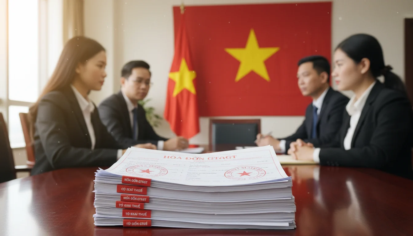 Stack of official Vietnamese business files.