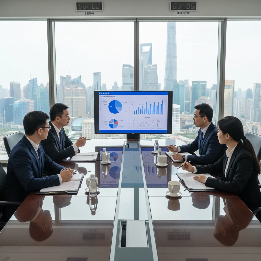 A professional business meeting in a modern Chinese corporate office, with diverse adult professionals discussing financial documents related to VAT invoicing, symbolizing compliance and business operations in China. No children present.