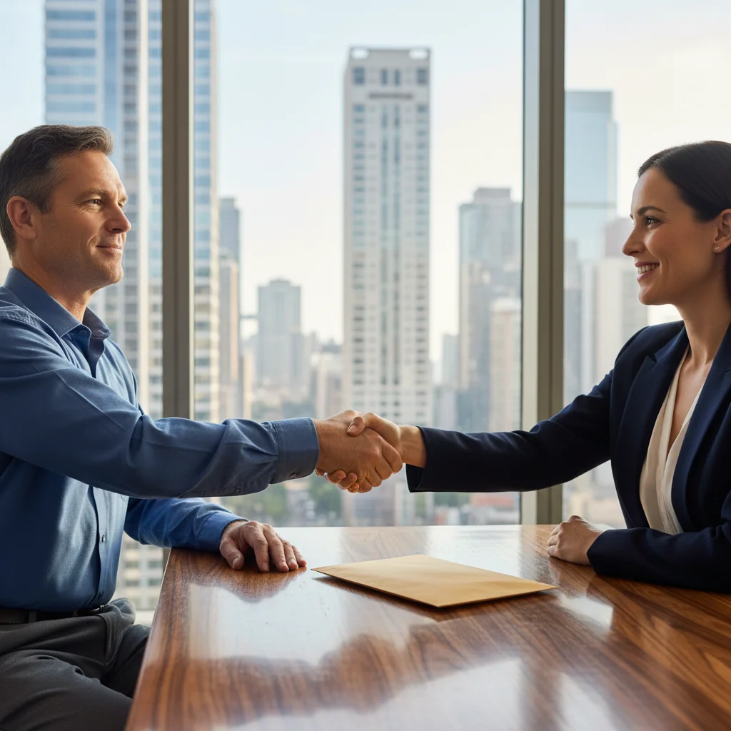 A photorealistic image of a professional adult shaking hands with an employer across a desk in a modern office, symbolizing the completion of employment obligations and settlement of accounts, with a subtle nod to financial resolution like a check or envelope nearby, no children present, highly detailed and realistic.
