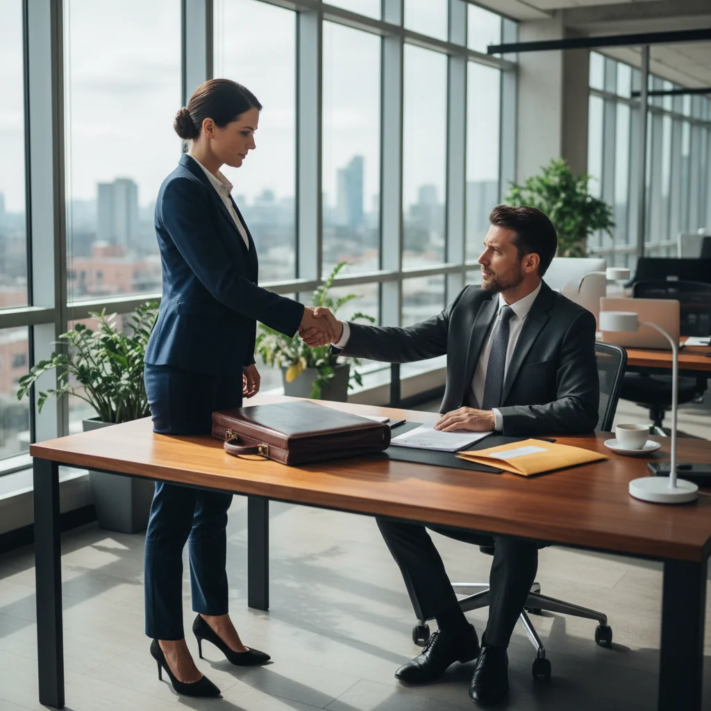 A photorealistic image of an adult employee in a professional office setting, shaking hands with a manager across a desk, symbolizing the conclusion of an employment agreement, with a subtle nod to legal documentation through a briefcase or folder nearby, conveying a sense of closure and compliance in French labor law.