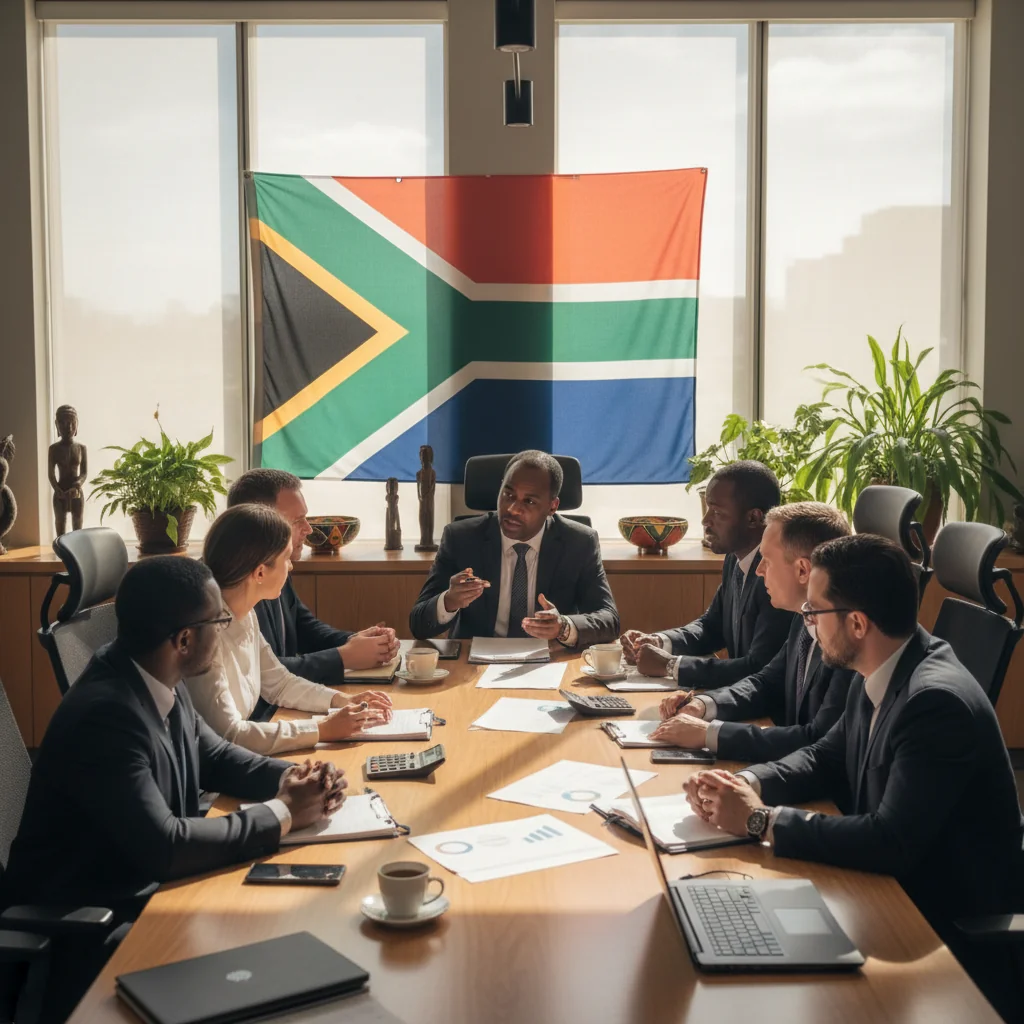 A photorealistic image of a professional business meeting in a modern South African office, where a diverse group of adult South African professionals are discussing financial documents at a conference table, symbolizing the issuance of valid tax receipts for businesses. The scene includes elements like a South African flag subtly in the background and business attire, conveying trust and compliance in tax matters. No children are present.