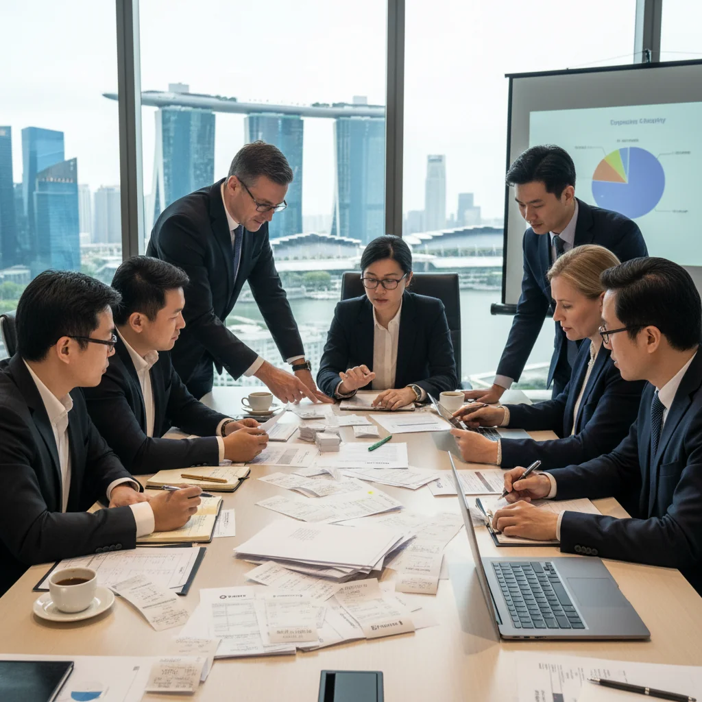 A photorealistic image of a diverse group of adults in a modern Singapore office setting, examining financial statements and receipts on a desk, symbolizing the importance of understanding receipts for business and personal finance in Singapore. The scene includes elements like the Singapore skyline in the background through a window, with professionals discussing documents, no children present.