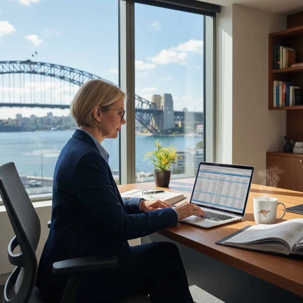 A photorealistic image of an adult Australian professional in a modern office setting, reviewing financial documents on a computer screen with a sense of clarity and understanding, symbolizing the comprehension of tax receipts. The scene includes elements like an Australian flag subtly in the background and tax-related icons on the screen, evoking trust and education in personal finance. No children are present in the image.