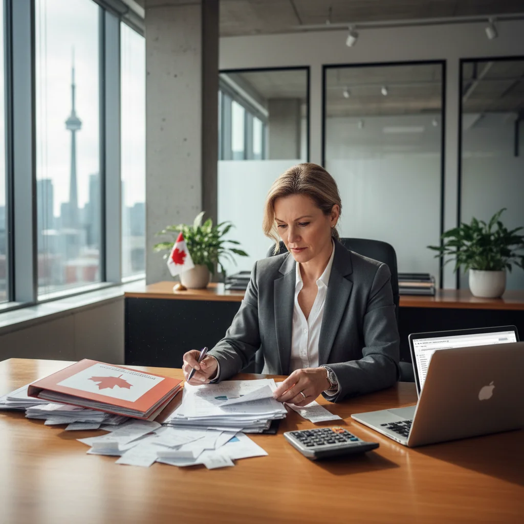 A photorealistic image of a professional Canadian businessperson in a modern office setting, reviewing financial documents related to tax receipts on a desk, symbolizing the management of tax implications for businesses. The scene includes elements like a Canadian flag subtly in the background, a calculator, and organized paperwork, conveying compliance and financial planning. No children are present in the image.