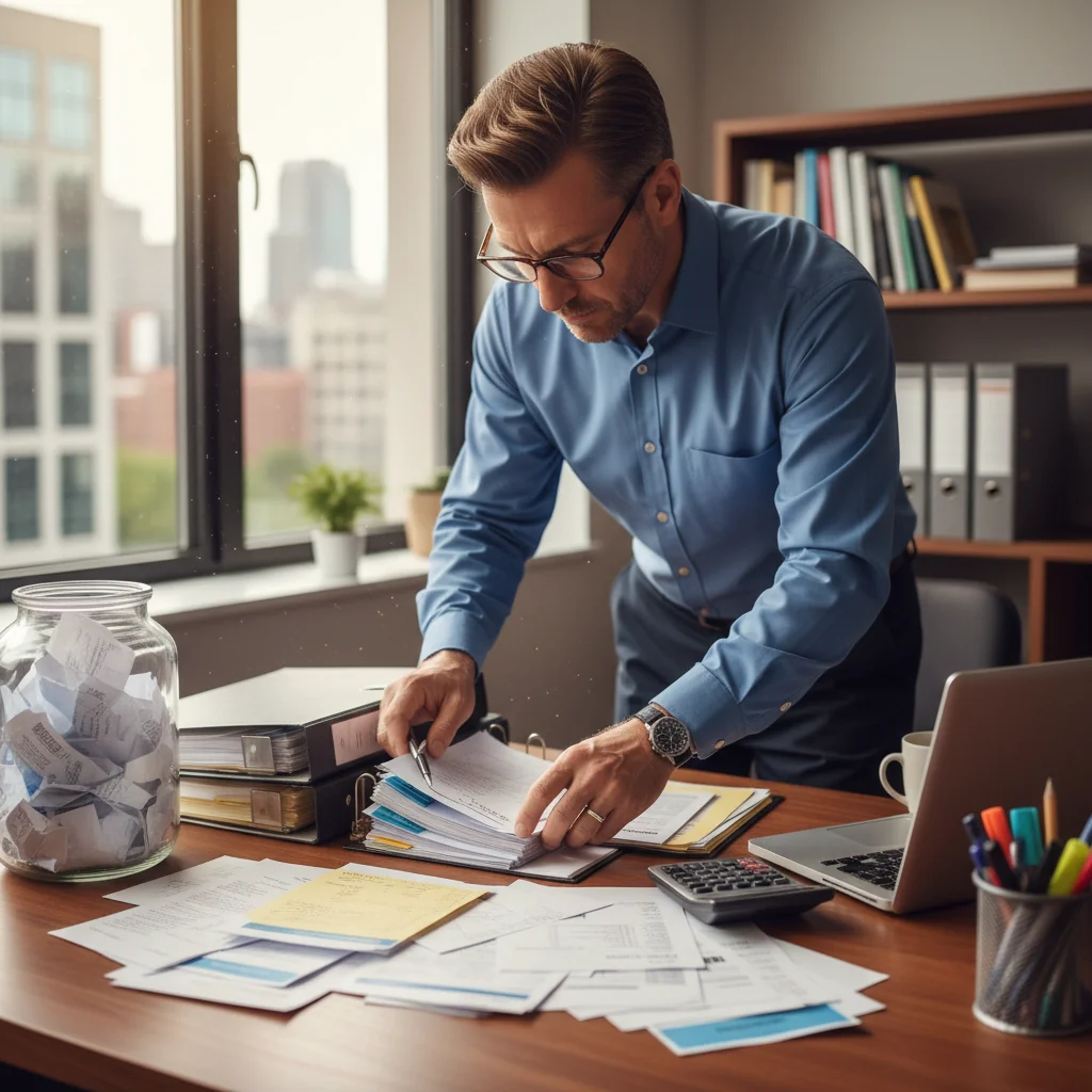 A photorealistic image of a professional business person in a modern office setting, carefully organizing financial receipts and invoices on a desk, symbolizing the proper handling and issuance of receipts for business transactions.