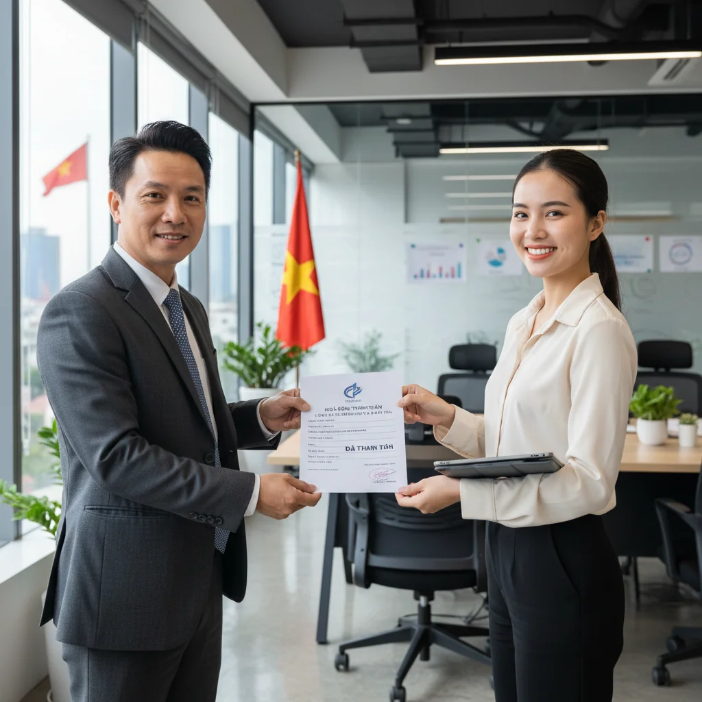 A photorealistic image of a professional Vietnamese business meeting in a modern office, where a manager is handing a receipt to an employee, symbolizing financial transactions and standard fee collections in a corporate setting in Vietnam. The scene includes adults only, no children, with authentic Vietnamese cultural elements like traditional attire or office decor.