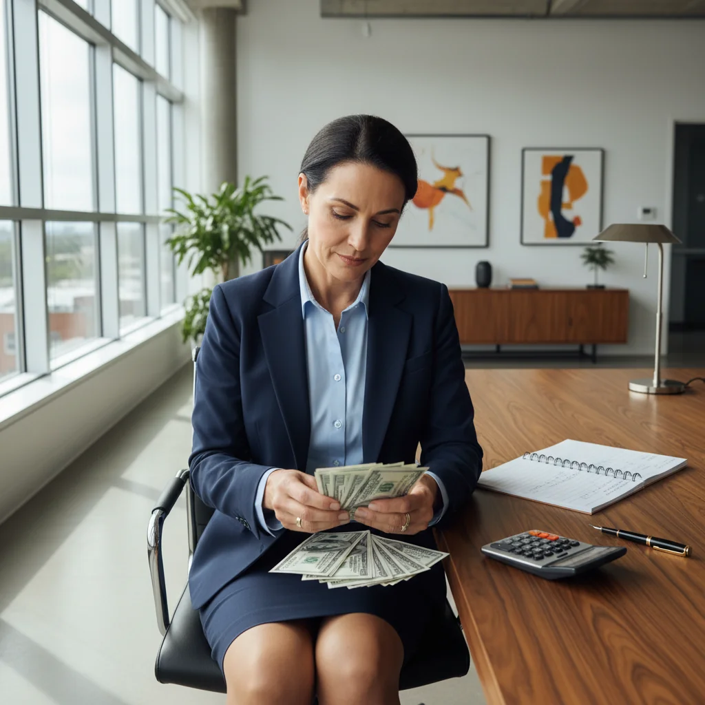 A photorealistic image of a professional adult woman in a modern office setting, carefully counting and organizing a stack of cash on her desk, with a calculator and receipt book nearby, symbolizing the meticulous process of handling financial receipts and money collection, no children present.