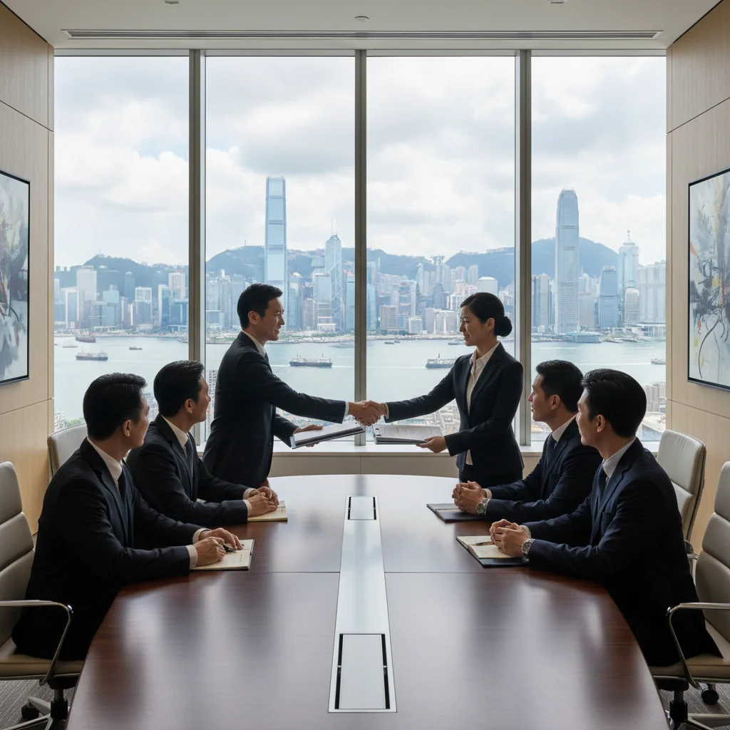 A photorealistic image of a professional business meeting in a modern Hong Kong office, with adults shaking hands over a financial agreement, symbolizing the importance of formal receipts in business transactions, with a view of the Hong Kong skyline in the background. No children are present.
