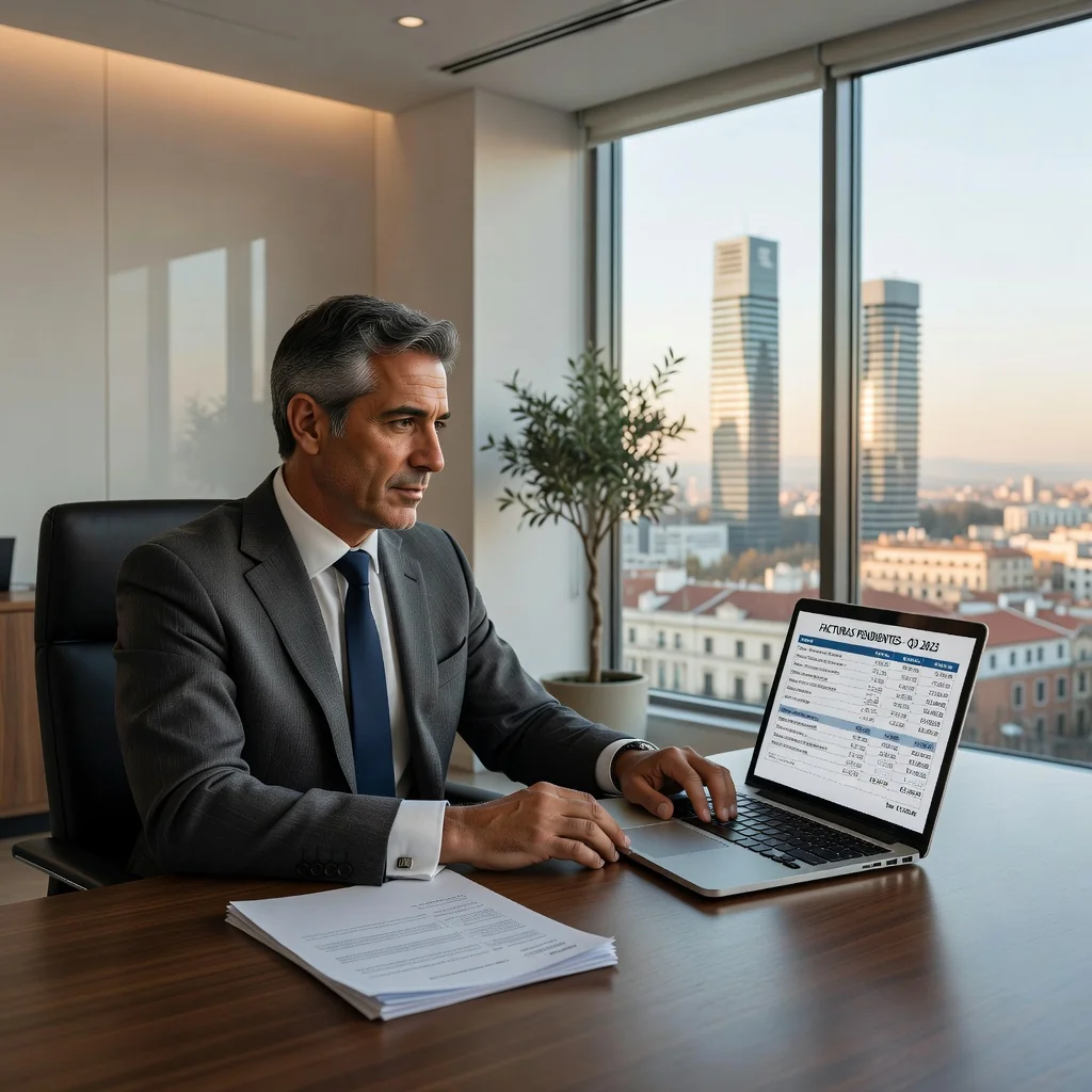 A photorealistic hero image representing the purpose of invoicing in Spain, showing a professional adult businessperson in a modern Spanish office setting, confidently reviewing financial documents on a computer, symbolizing business transactions and compliance, with elements like a Spanish flag or Madrid skyline in the background for cultural relevance. No children or focus on actual documents.