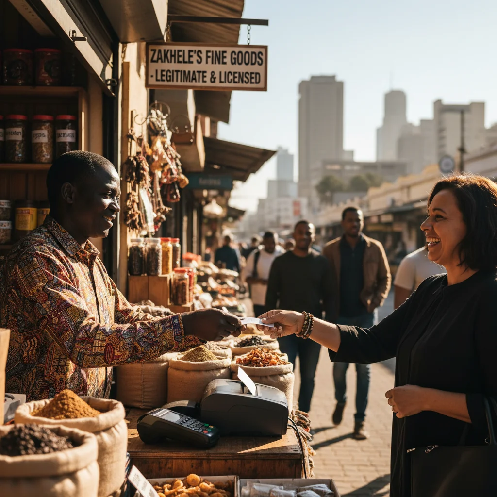 A photorealistic image of a diverse group of South African adults in a professional setting, such as a small business owner handing a receipt to a satisfied customer at a retail counter in an urban market, symbolizing trust and compliance in financial transactions, with South African cultural elements in the background like vibrant city streets or local signage.