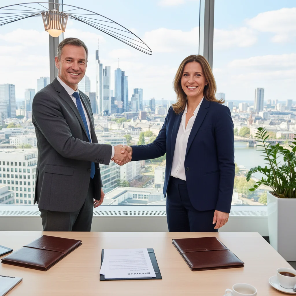 A photorealistic image of an adult professional woman in a modern office setting, confidently shaking hands with another adult businessperson across a desk, symbolizing a successful financial transaction or agreement that requires a proper receipt under German law. The scene conveys trust, professionalism, and completion of a deal, without showing any documents or children.