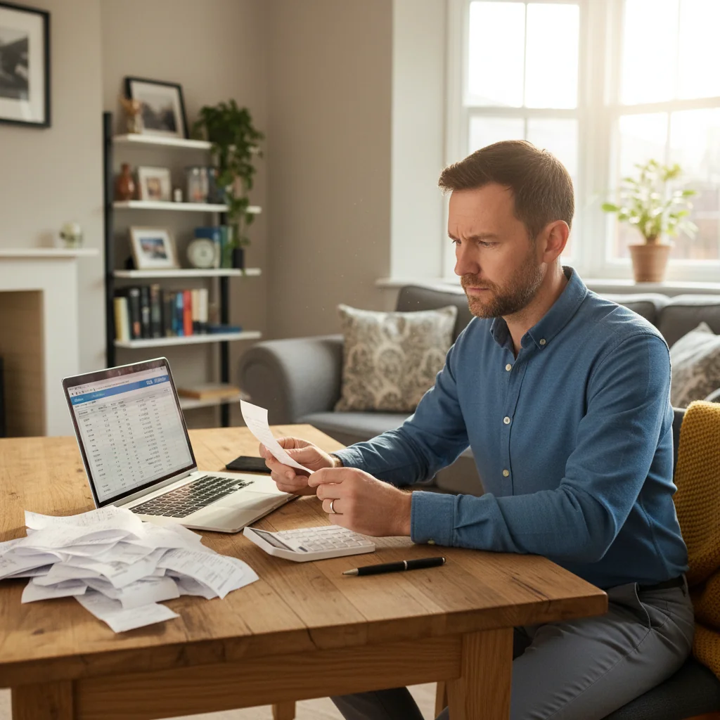 A photorealistic image of a thoughtful adult UK consumer in their mid-30s, sitting at a home desk reviewing financial receipts and tax documents on a laptop, with a calculator and notepad nearby, symbolizing the tax implications and careful financial planning for everyday consumers. The scene is set in a cozy modern living room with natural light, emphasizing personal finance management without any corporate elements.