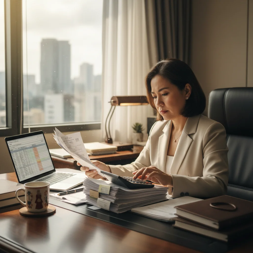 A photorealistic image of a professional Filipino businessperson in a modern office setting, carefully reviewing financial documents on a desk with a calculator and computer, symbolizing the importance of accurate record-keeping in Philippine businesses, with no children present and a focus on avoiding mistakes in official receipts.
