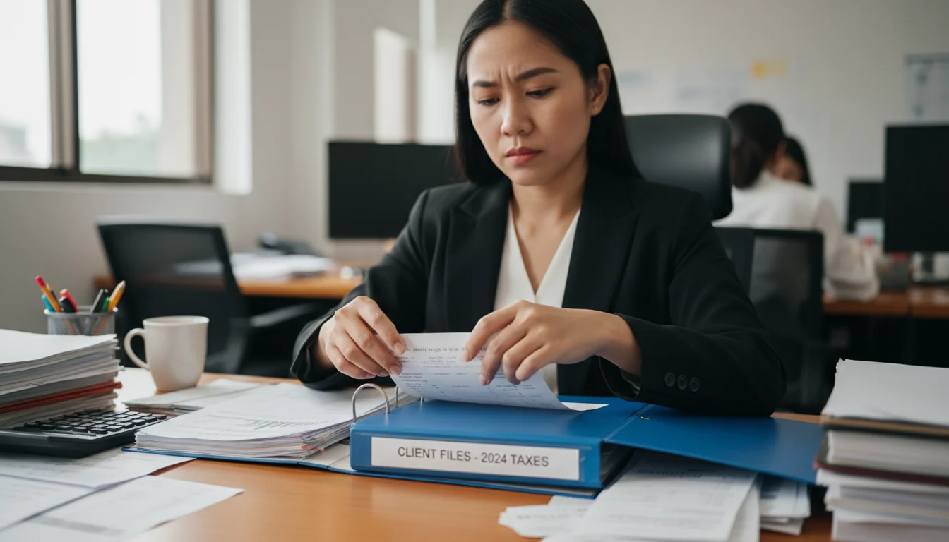 Accountant filing receipts in organized binder