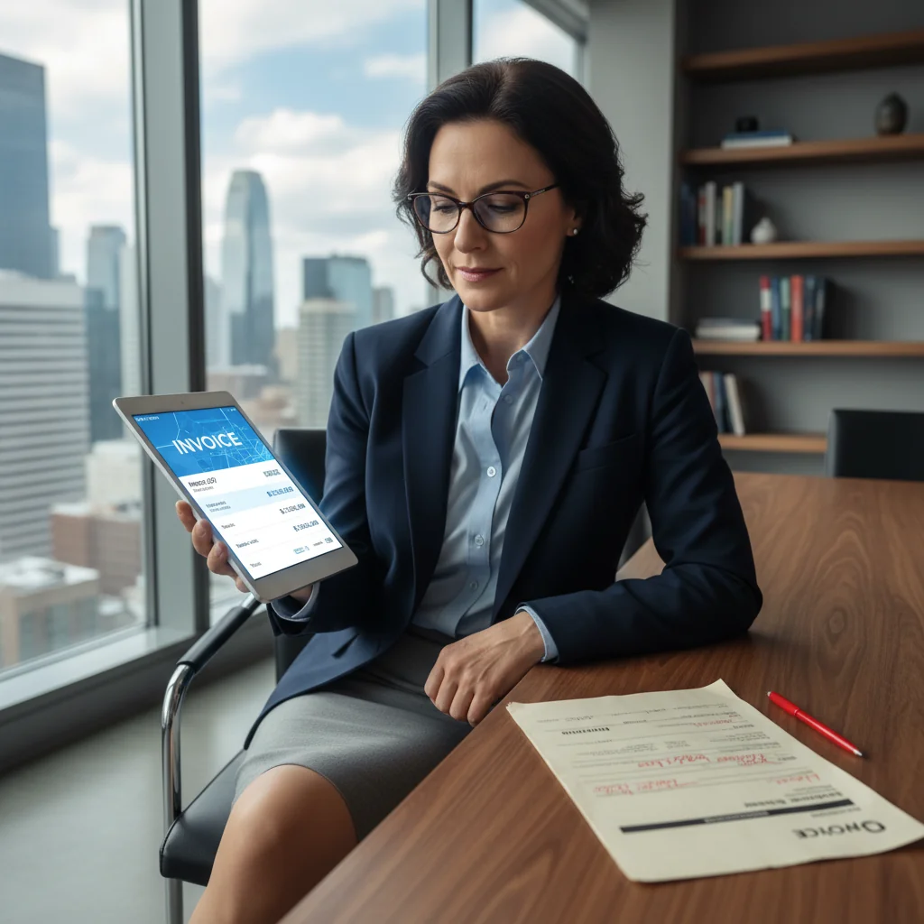 A photorealistic image of a professional businessperson in a modern office setting, comparing a digital tablet displaying an electronic invoice with a printed paper invoice on a desk, symbolizing the differences between electronic and physical invoices. The scene should convey efficiency and modernity in business documentation processes, with no children present.