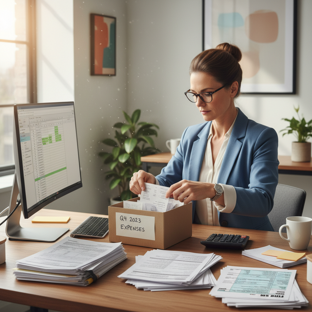 A photorealistic image of a professional adult accountant in a modern office, carefully organizing and filing business receipts and invoices into a secure storage box, symbolizing the importance of document preservation for tax compliance. The scene conveys organization, reliability, and financial responsibility, with no children present.