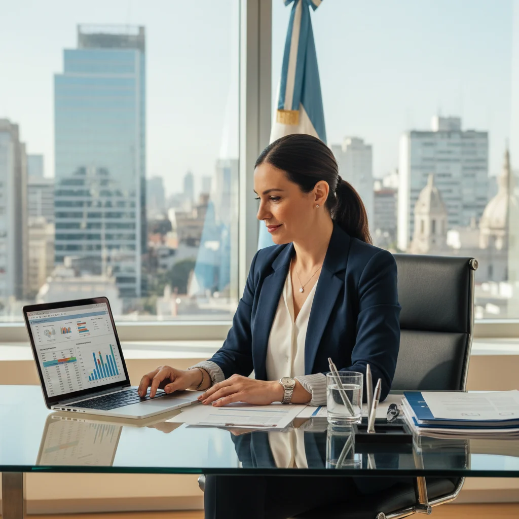A photorealistic image of a professional businesswoman in a modern Argentine office, confidently reviewing financial documents on her laptop with the Argentine flag subtly in the background, symbolizing compliance and business success in invoicing.