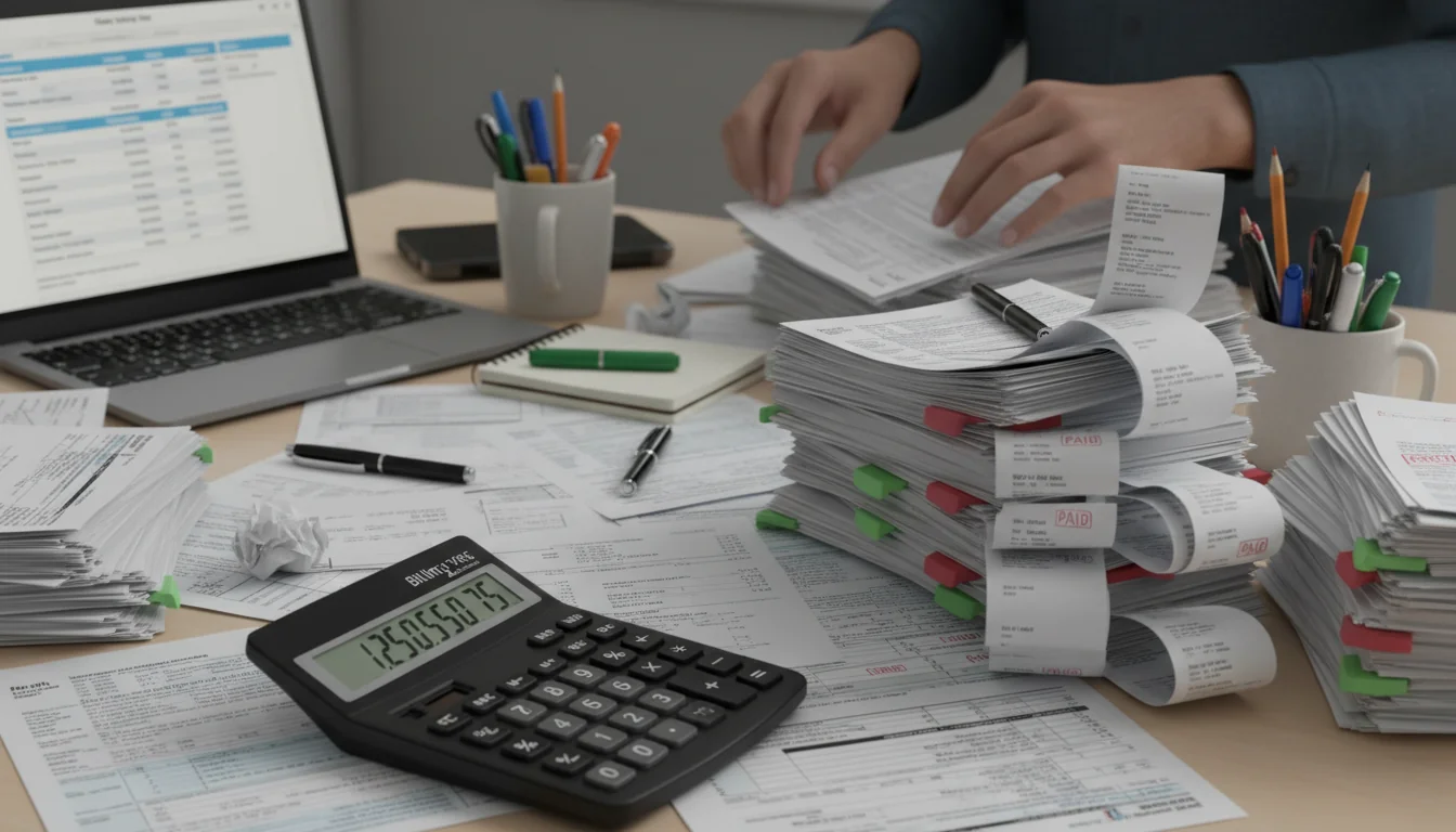 Calculator and tax forms on desk.
