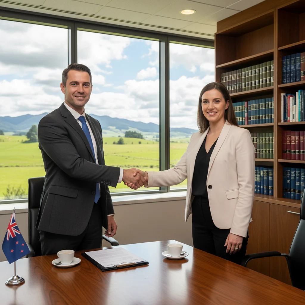 A photorealistic image of a professional adult shaking hands with a lawyer in a modern New Zealand law office, symbolizing the formal agreement and receipt in legal transactions, with Kiwi cultural elements like a fern in the background, no children present.