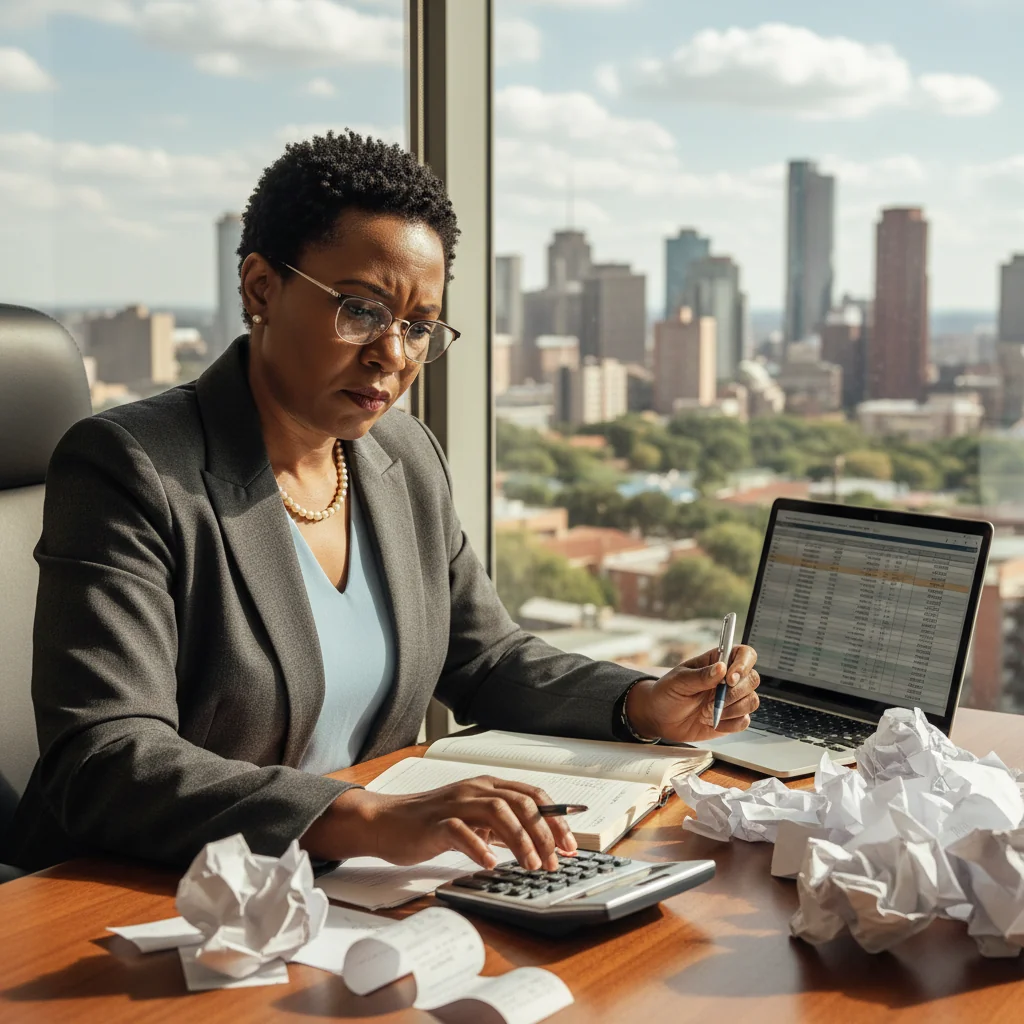 A photorealistic image of an adult South African professional in a modern office setting, carefully organizing and reviewing a stack of paper receipts on a desk, with a calculator and laptop nearby, symbolizing attention to detail in financial record-keeping to avoid common mistakes, no children present.
