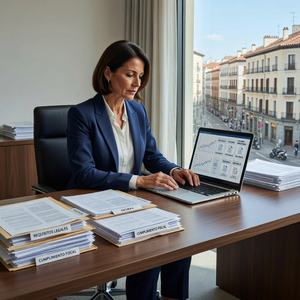 A photorealistic image of a professional businesswoman in a modern Spanish office, reviewing financial documents on a laptop with a confident expression, symbolizing the management and understanding of different types of invoices and legal requirements in Spain. The scene includes subtle Spanish elements like a flag or map in the background, emphasizing compliance and business professionalism.
