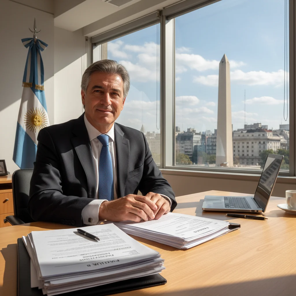 A photorealistic image of a professional Argentine businessperson in a modern office setting, smiling confidently while examining financial documents on a desk, with subtle Argentine flags or landmarks in the background to evoke commerce and tax recovery themes. The scene conveys success and efficiency in handling VAT refunds through invoices in the Argentine trade context. No children are present in the image.