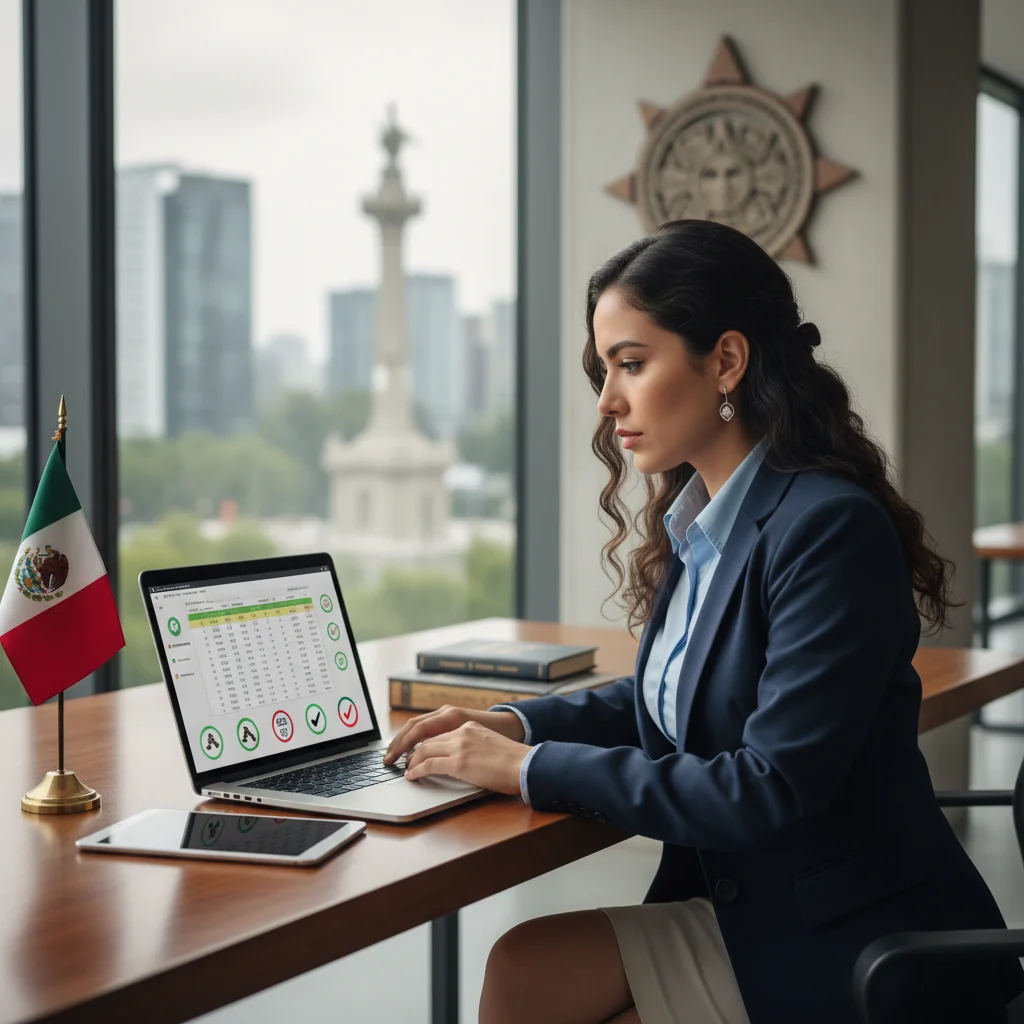 A photorealistic image of a professional Mexican businessperson in a modern office setting, reviewing legal compliance documents on a computer, symbolizing the importance of legal invoicing requirements in Mexico, with subtle Mexican flag elements in the background for cultural relevance.