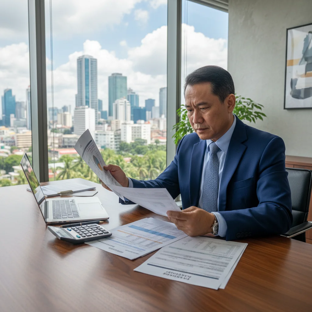A photorealistic image of a professional adult Filipino businessperson in a modern office setting in the Philippines, reviewing financial documents on a desk with a calculator and laptop, symbolizing the importance of official receipts for accurate business transactions and compliance. The scene conveys trust, organization, and financial literacy without showing any children or actual receipt documents.