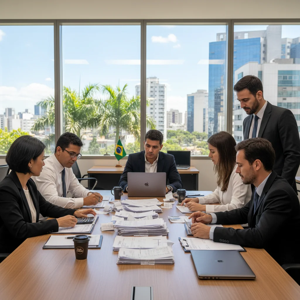 A photorealistic image of a diverse group of Brazilian adults in a professional office setting, reviewing financial documents and receipts on a table, symbolizing the organization and use of different types of receipts in everyday business and personal finance in Brazil, with Brazilian cultural elements like a flag or typical office decor in the background.