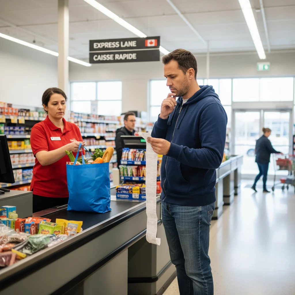 A photorealistic image of an adult Canadian shopper carefully reviewing a printed receipt at a checkout counter in a modern retail store, symbolizing the importance of understanding receipts for financial accuracy and consumer rights in Canada.