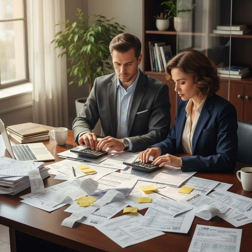 A photorealistic image of a diverse group of adult professionals in a modern American office setting, reviewing financial documents and calculators on a desk, symbolizing tax planning and business finance for individuals and companies, with American flag subtly in the background, no children present.