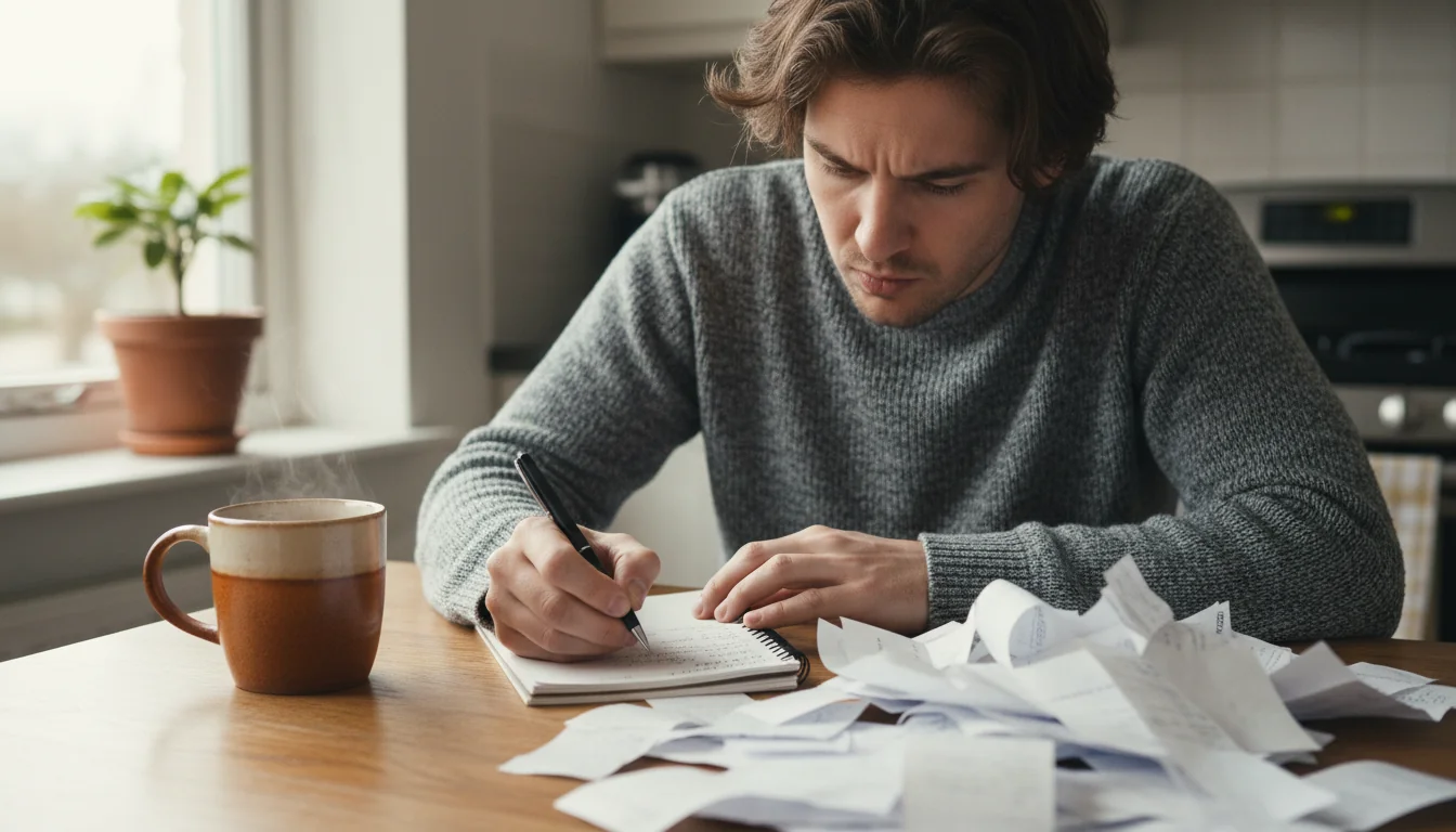 Individual calculating taxes from receipts