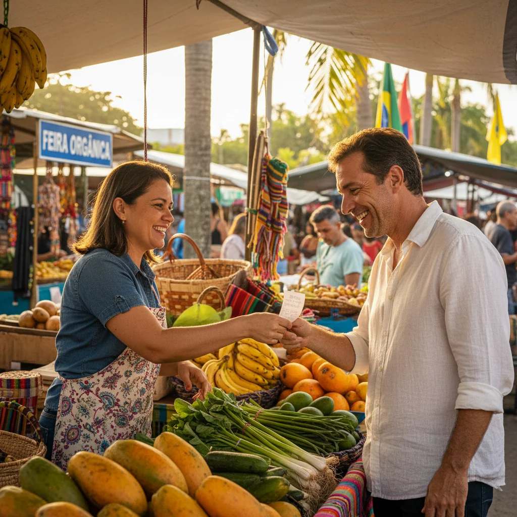 A photorealistic image representing the importance of receipts in Brazil, showing an adult Brazilian person in a professional setting, such as a small business owner handing a receipt to a satisfied adult customer at a market stall, symbolizing trust, transaction completion, and financial record-keeping in everyday Brazilian commerce, with Brazilian cultural elements like vibrant market colors in the background, no children present.