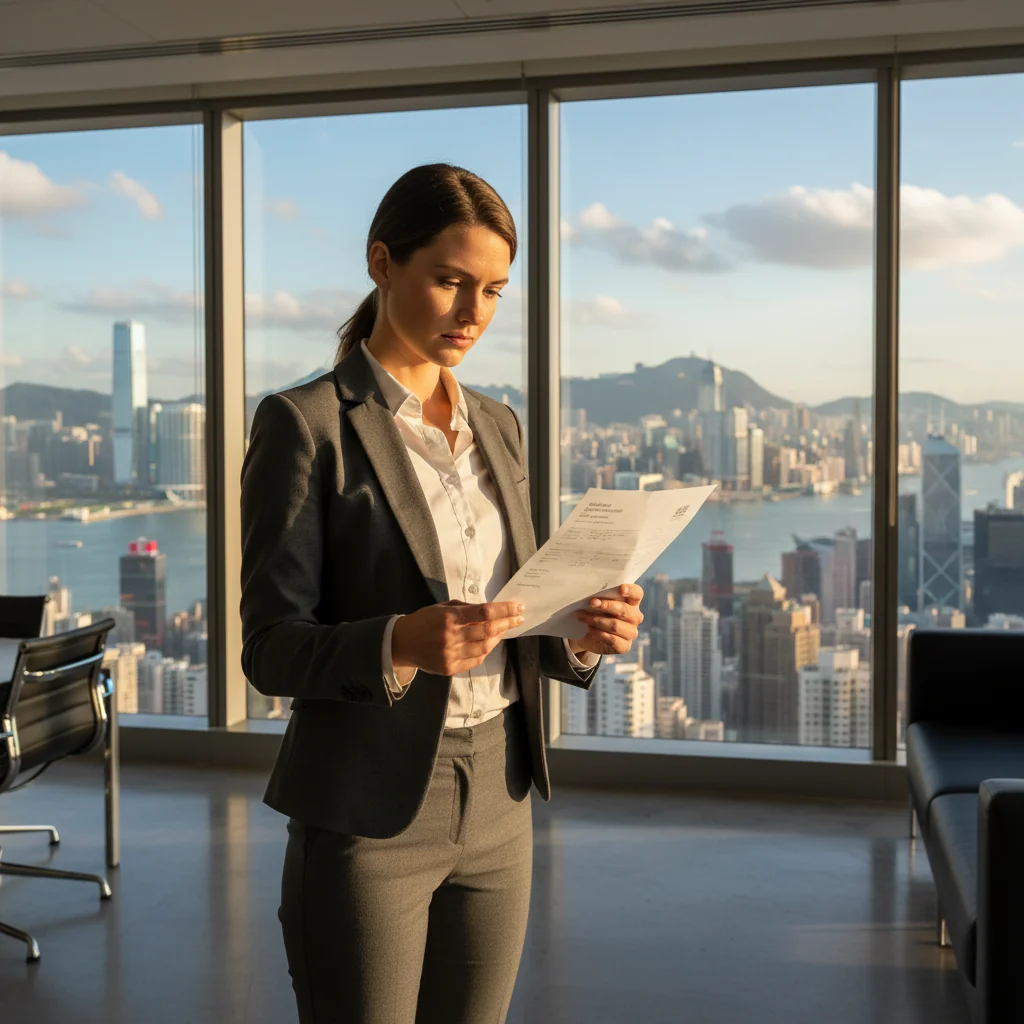 A professional business person in a modern Hong Kong office setting, holding a formal receipt or invoice, symbolizing the completion of an official application process, with elements of Hong Kong skyline in the background to represent the location.