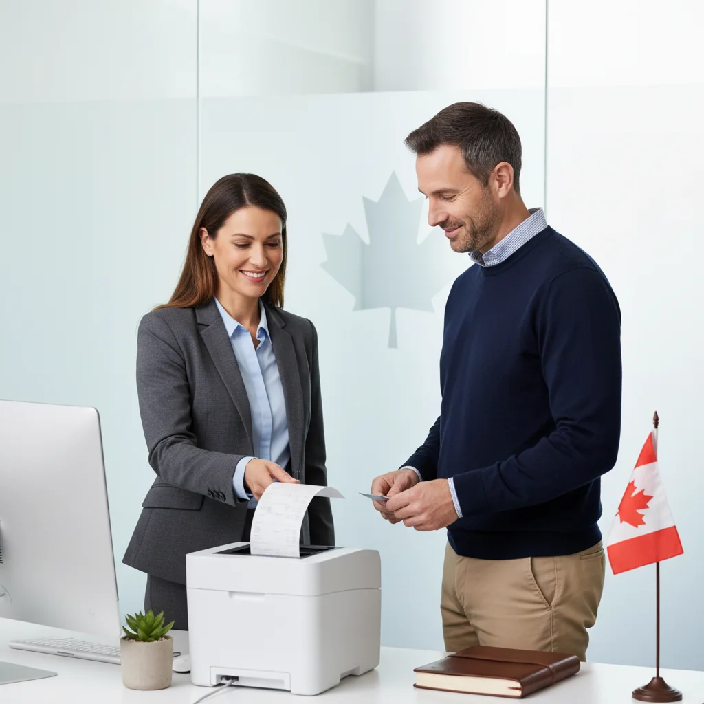 A professional scene in a Canadian business setting, showing an adult accountant or business professional handing a receipt to an adult customer at a retail counter, with elements like a Canadian flag or maple leaf in the background to evoke Canada, emphasizing trust and proper financial management.
