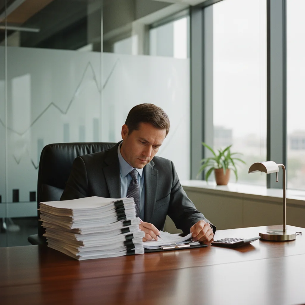 A photorealistic image of a professional adult businessperson in a modern office setting, carefully reviewing financial documents on a desk with a calculator and tax forms nearby, symbolizing the importance of proper receipts in tax compliance and financial management. The scene conveys trust, accuracy, and professionalism without focusing on the documents themselves.