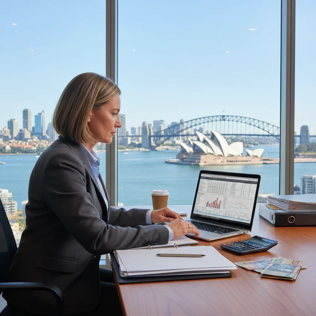 A professional Australian accountant in a modern office setting, reviewing financial documents on a computer screen displaying GST-related data, with Australian currency and tax forms subtly in the background, symbolizing compliance and accuracy in tax reporting.
