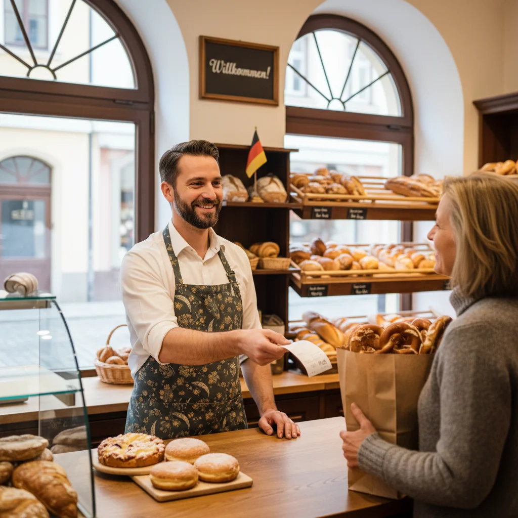 A photorealistic image of an adult person in a professional setting, such as a small business owner in a cozy shop, handing a receipt to a satisfied adult customer after a purchase, symbolizing the completion of a transaction and the role of receipts in everyday commerce in Germany. The scene should evoke trust and reliability without focusing on the document itself.