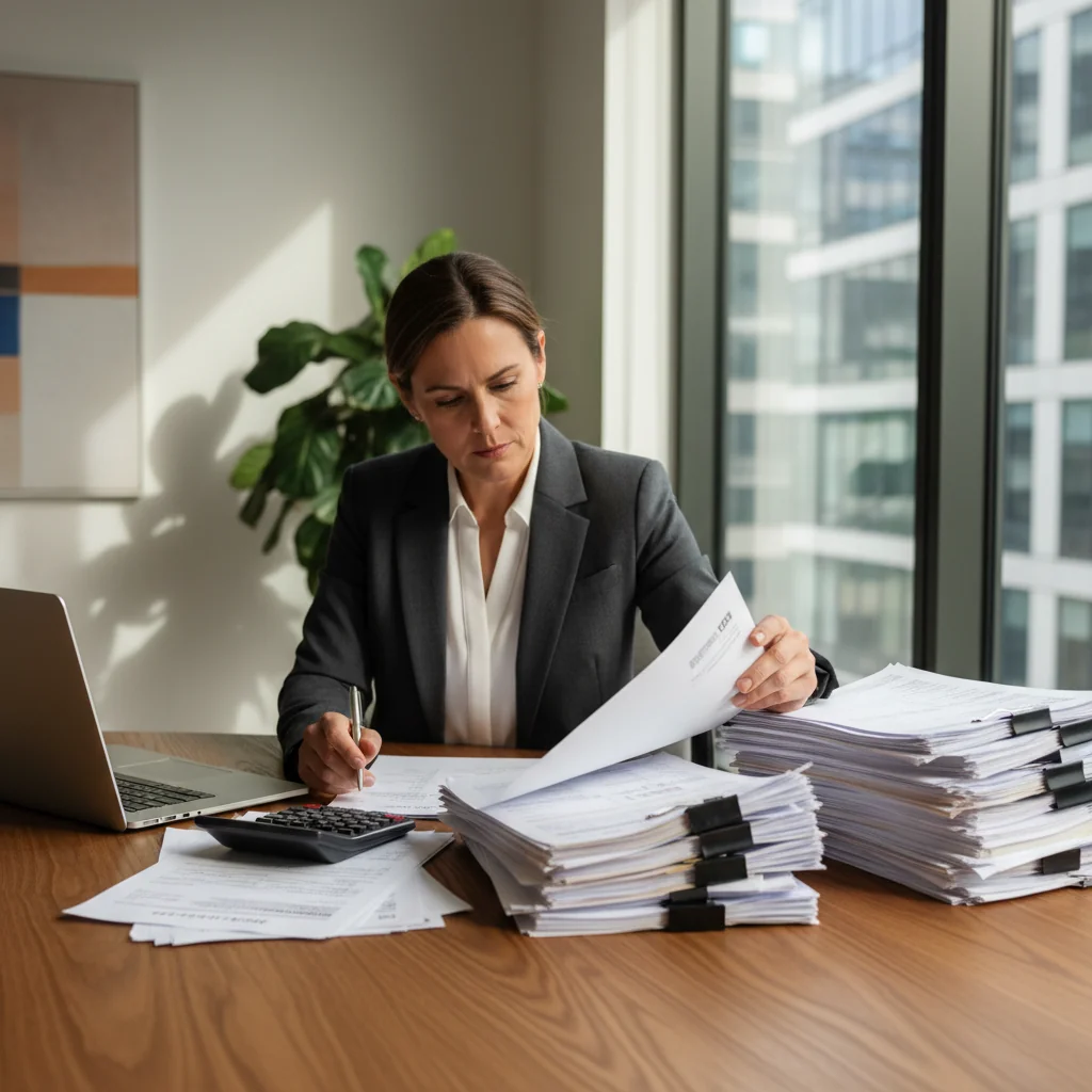 A photorealistic image of a professional adult businessperson in a modern office setting, carefully reviewing financial documents and tax forms on a desk with a calculator and computer, symbolizing the importance of official receipts in tax compliance and financial accuracy, no children present.