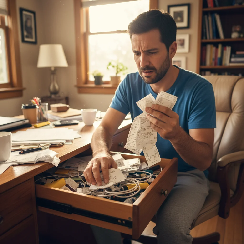 A photorealistic image of a frustrated adult person in their 30s searching through a cluttered drawer full of papers and receipts, looking concerned about a lost receipt, in a home office setting, conveying the theme of handling lost receipts without showing any actual documents or children.