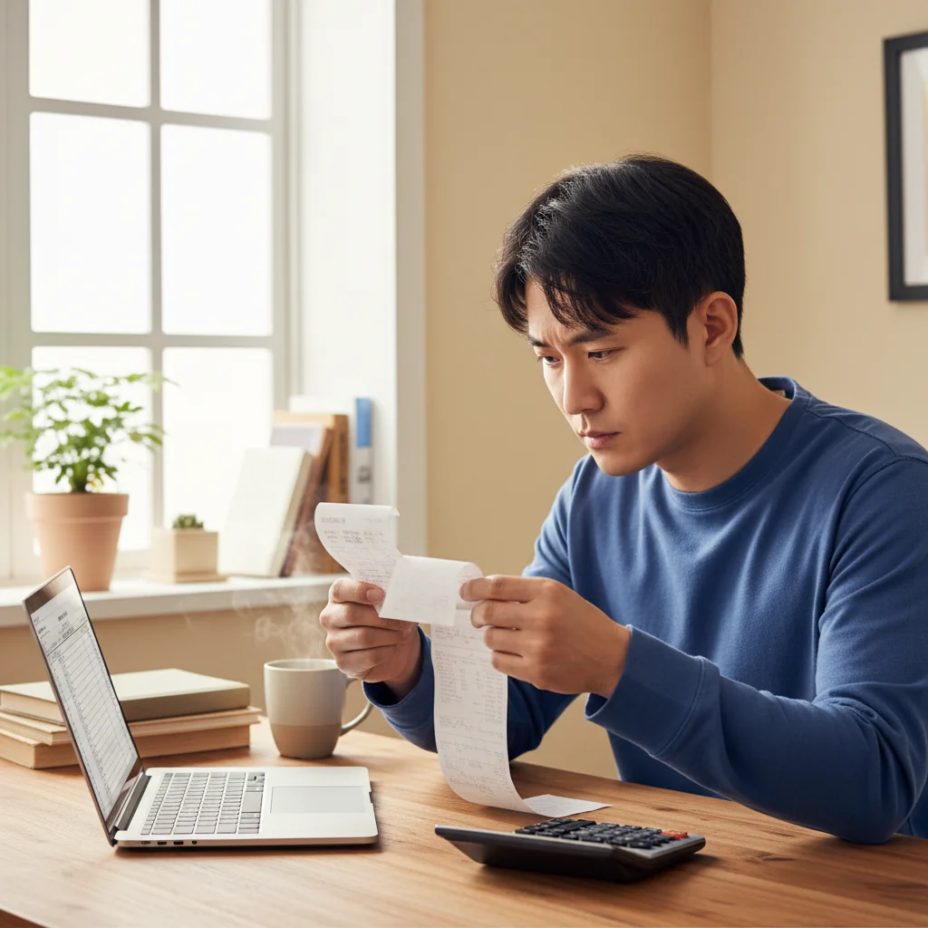 A photorealistic image of a young Korean adult man sitting at a desk in a modern home office, examining a receipt under a desk lamp while using a calculator and laptop, symbolizing tax deduction planning. The scene is well-lit, realistic, and focuses on the practical aspect of managing finances with receipts for tax purposes.